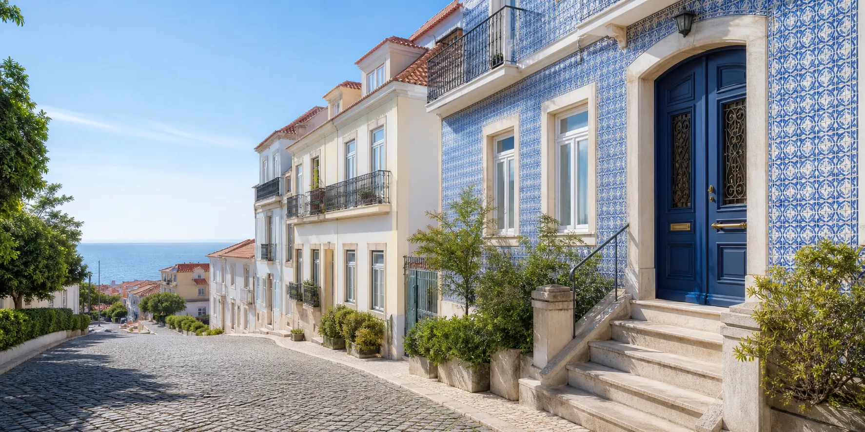 Rua residencial portuguesa com casas e apartamentos